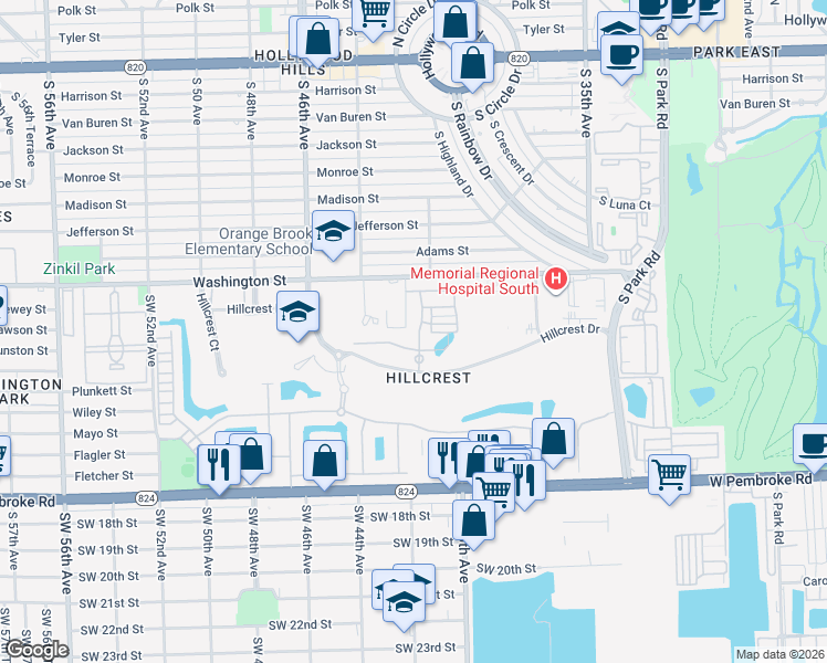 map of restaurants, bars, coffee shops, grocery stores, and more near 1036 Banyan Drive in Hollywood