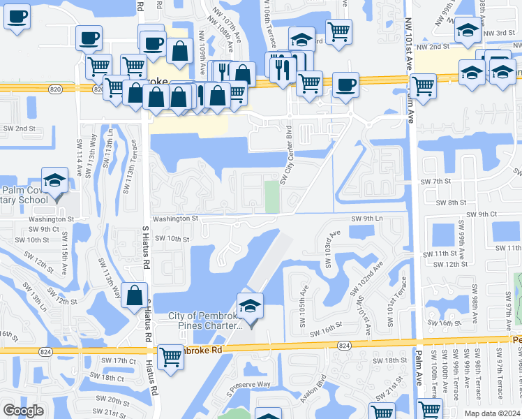 map of restaurants, bars, coffee shops, grocery stores, and more near 10612 Southwest 8th Street in Pembroke Pines