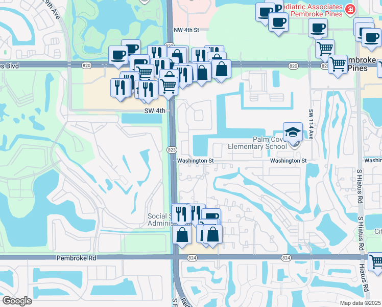map of restaurants, bars, coffee shops, grocery stores, and more near 737 Southwest 122nd Avenue in Pembroke Pines