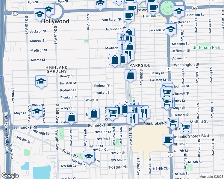 map of restaurants, bars, coffee shops, grocery stores, and more near 1218 South 22nd Avenue in Hollywood