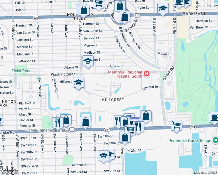 map of restaurants, bars, coffee shops, grocery stores, and more near 1036 Banyan Drive in Hollywood