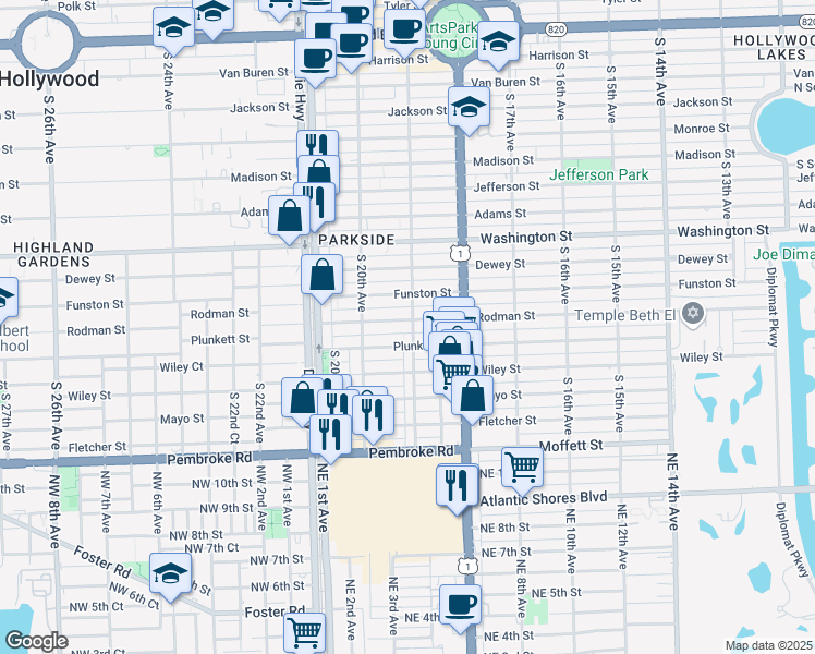 map of restaurants, bars, coffee shops, grocery stores, and more near 1906 Rodman Street in Hollywood