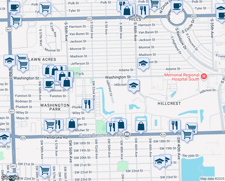 map of restaurants, bars, coffee shops, grocery stores, and more near 981 Hillcrest Court in Hollywood