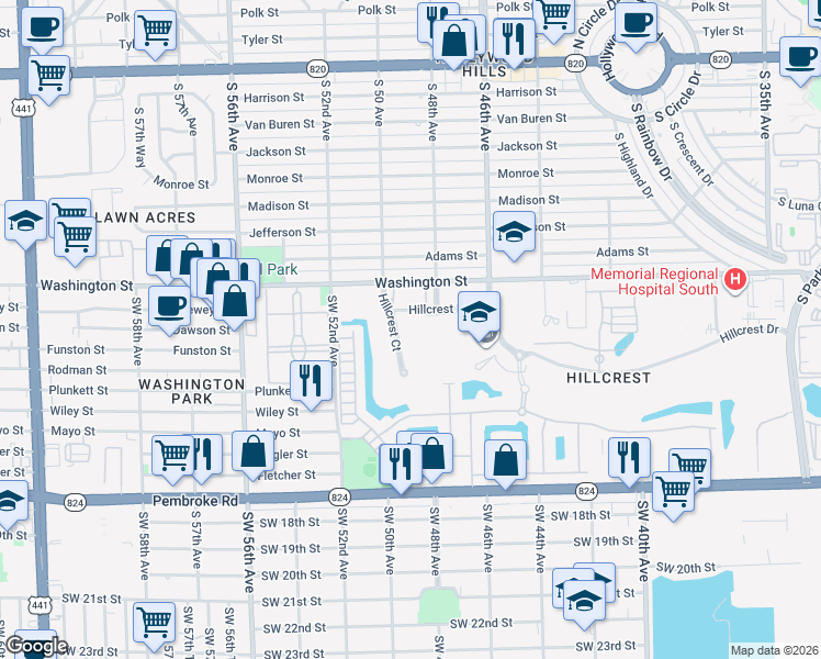 map of restaurants, bars, coffee shops, grocery stores, and more near 981 Hillcrest Court in Hollywood