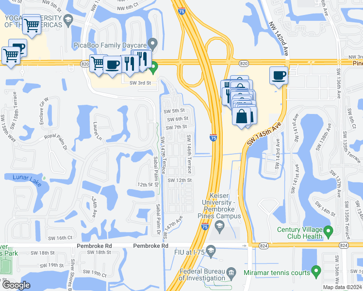 map of restaurants, bars, coffee shops, grocery stores, and more near 847 Southwest 147th Avenue in Pembroke Pines