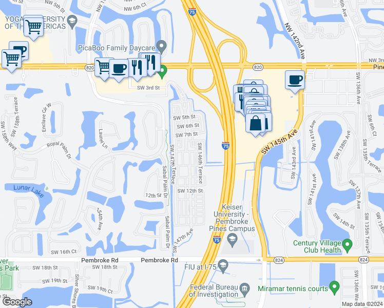 map of restaurants, bars, coffee shops, grocery stores, and more near 983 Southwest 147th Avenue in Pembroke Pines