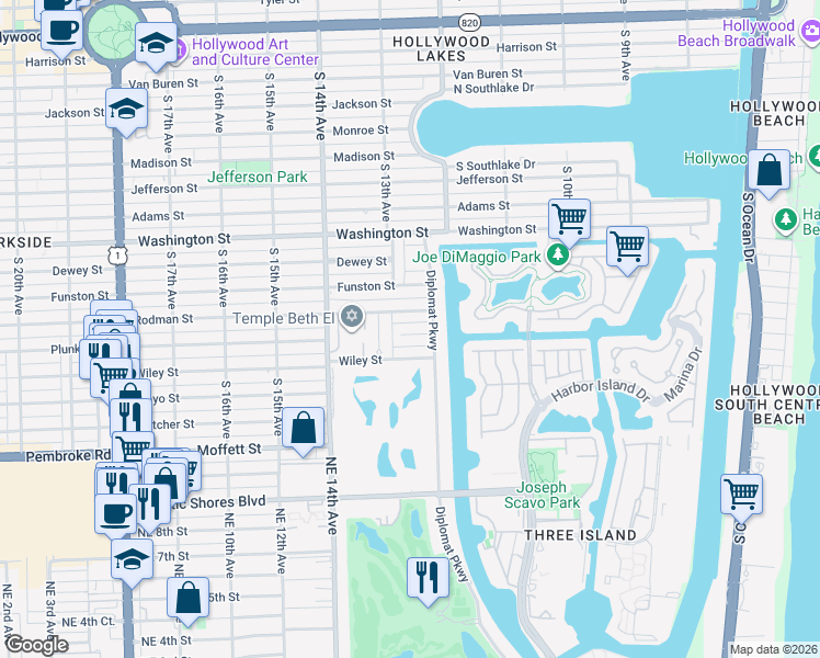 map of restaurants, bars, coffee shops, grocery stores, and more near 1245 Coral Lane in Hollywood
