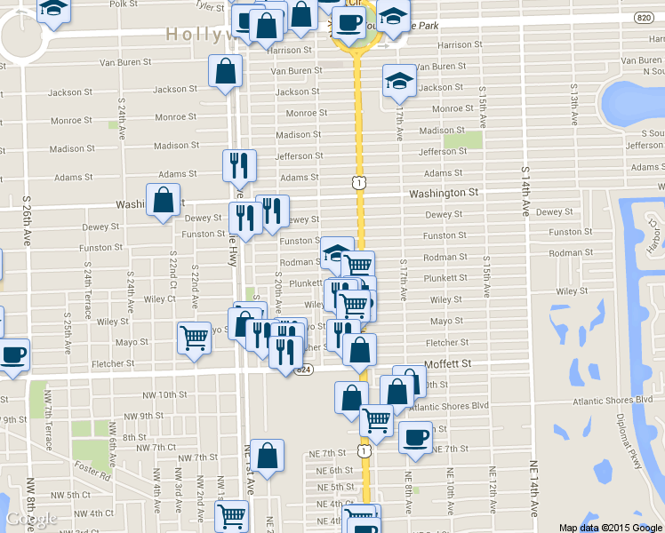 map of restaurants, bars, coffee shops, grocery stores, and more near 1815 Rodman Street in Hollywood
