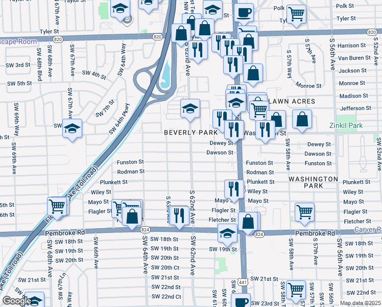 map of restaurants, bars, coffee shops, grocery stores, and more near 6140 Dawson Street in Hollywood