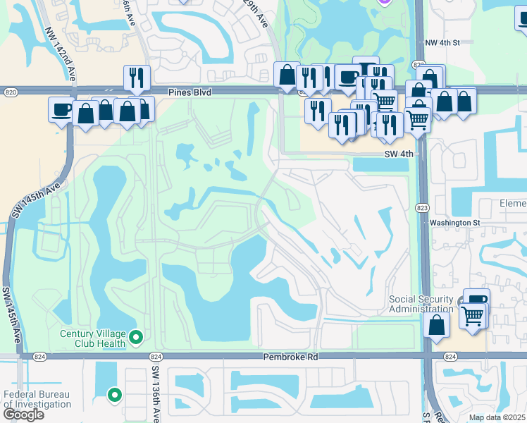map of restaurants, bars, coffee shops, grocery stores, and more near 901 Southwest 128th Terrace in Pembroke Pines