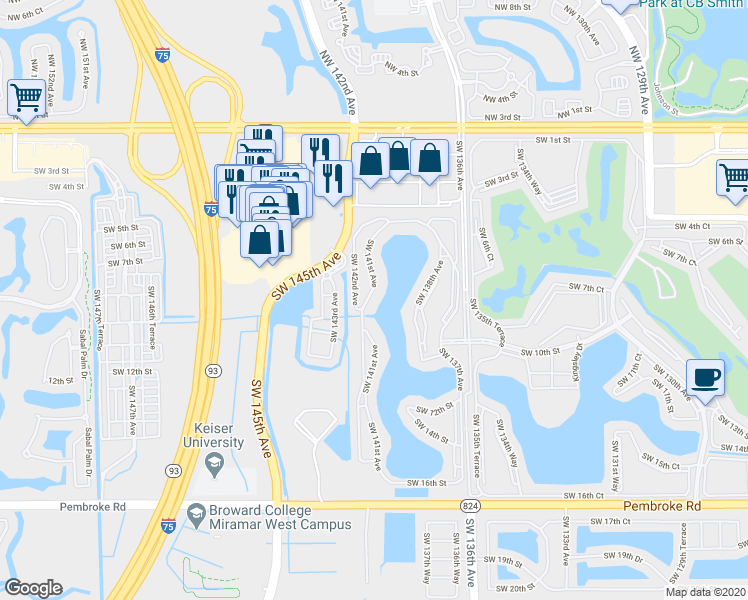 map of restaurants, bars, coffee shops, grocery stores, and more near 701 Southwest 141st Avenue in Pembroke Pines