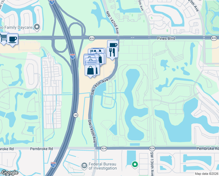 map of restaurants, bars, coffee shops, grocery stores, and more near 918 Southwest 143rd Avenue in Pembroke Pines