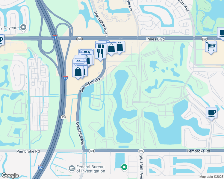 map of restaurants, bars, coffee shops, grocery stores, and more near 701 Southwest 141st Avenue in Pembroke Pines