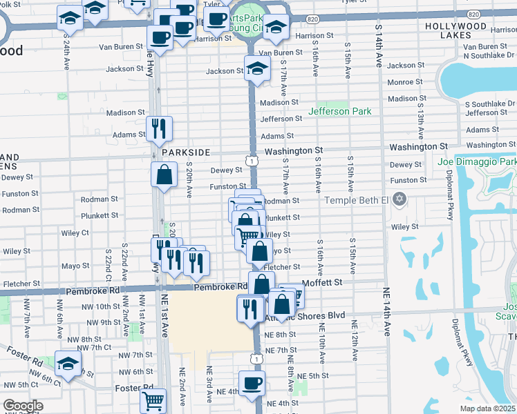 map of restaurants, bars, coffee shops, grocery stores, and more near 1738 Rodman Street in Hollywood