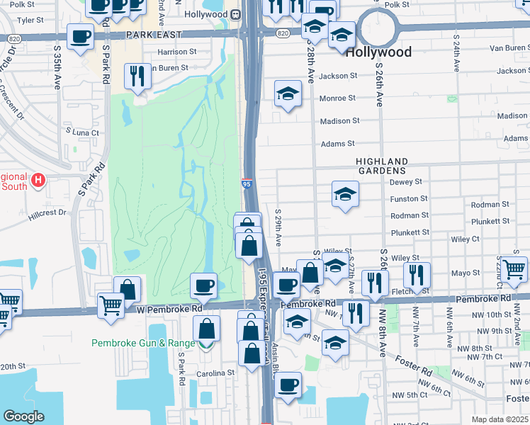 map of restaurants, bars, coffee shops, grocery stores, and more near 2918 Funston Street in Hollywood