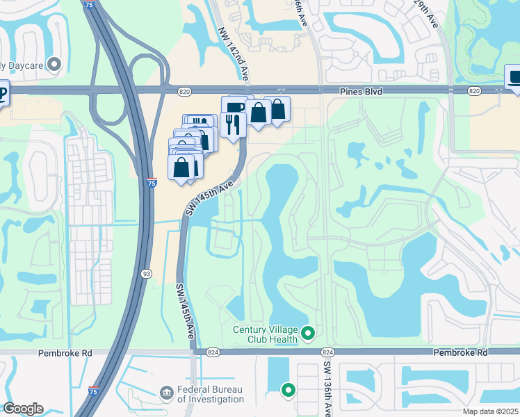 map of restaurants, bars, coffee shops, grocery stores, and more near 701 Southwest 141st Avenue in Pembroke Pines