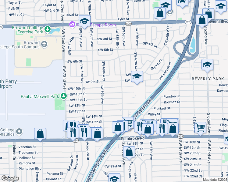 map of restaurants, bars, coffee shops, grocery stores, and more near 6821 Southwest 10th Court in Pembroke Pines