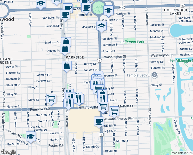 map of restaurants, bars, coffee shops, grocery stores, and more near 1815 Rodman Street in Hollywood
