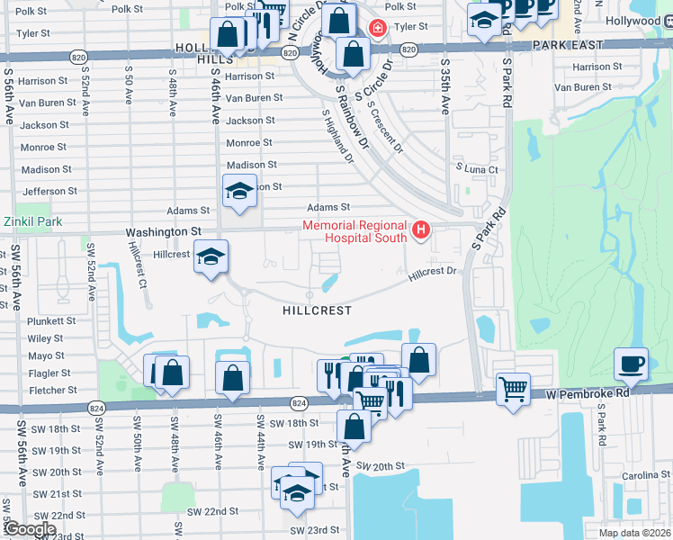 map of restaurants, bars, coffee shops, grocery stores, and more near 3976 Poinciana Lane in Hollywood