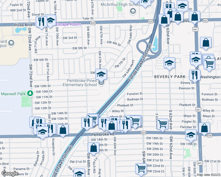 map of restaurants, bars, coffee shops, grocery stores, and more near 6581 Southwest 11th Street in Pembroke Pines