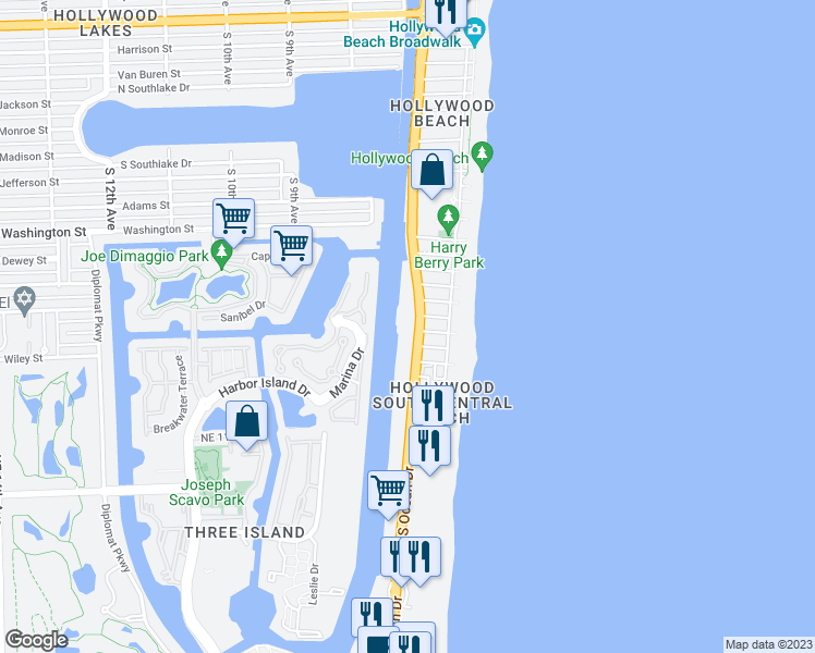 map of restaurants, bars, coffee shops, grocery stores, and more near 12 Greenbriar Terrace in Hollywood