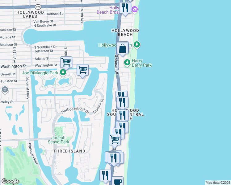 map of restaurants, bars, coffee shops, grocery stores, and more near 1500 South Ocean Drive in Hollywood