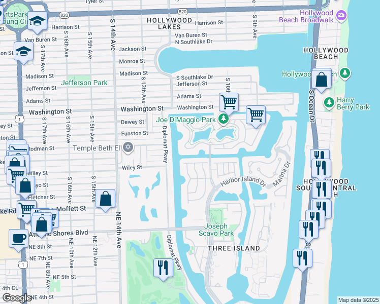 map of restaurants, bars, coffee shops, grocery stores, and more near 1240 Harbor Court in Hollywood