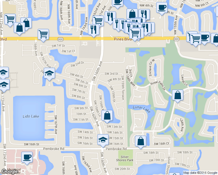 map of restaurants, bars, coffee shops, grocery stores, and more near 472 Southwest 159th Drive in Pembroke Pines