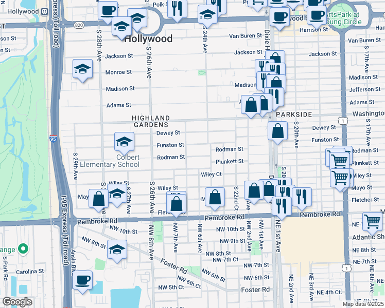 map of restaurants, bars, coffee shops, grocery stores, and more near 2439 Rodman Street in Hollywood