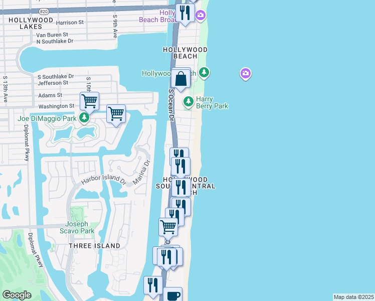 map of restaurants, bars, coffee shops, grocery stores, and more near 1801 South Surf Road in Hollywood