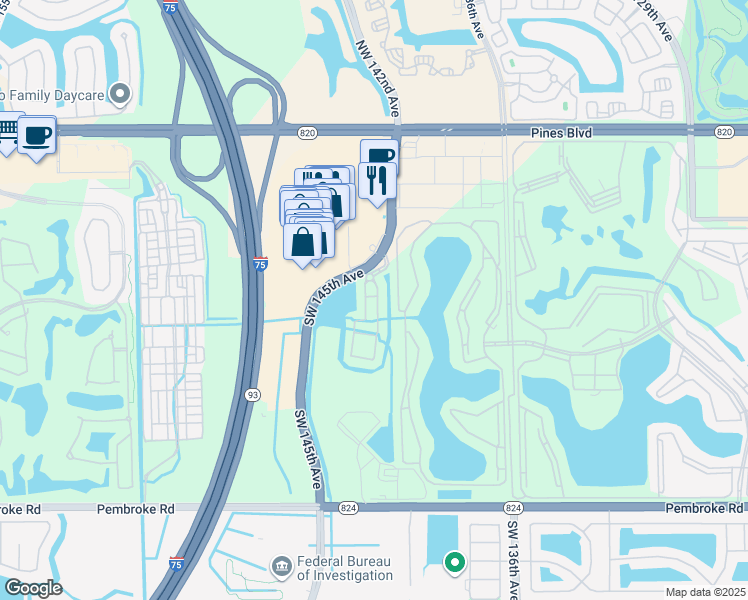 map of restaurants, bars, coffee shops, grocery stores, and more near 918 Southwest 143rd Avenue in Pembroke Pines
