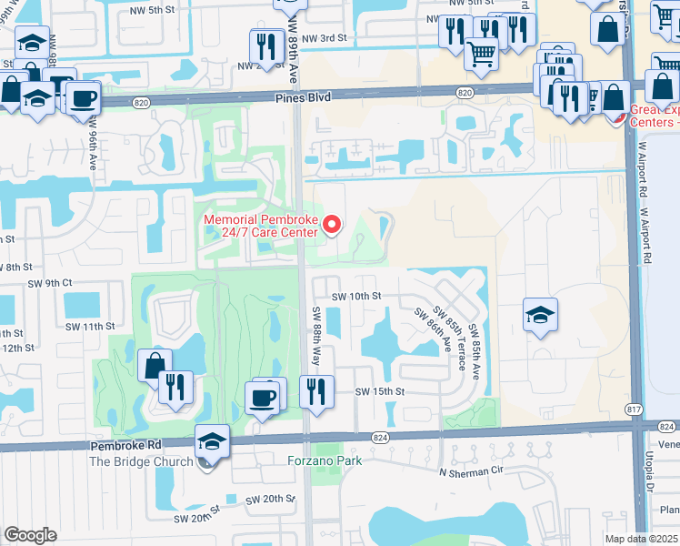 map of restaurants, bars, coffee shops, grocery stores, and more near 8801 Southwest 9th Court in Pembroke Pines