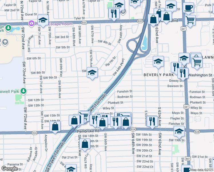 map of restaurants, bars, coffee shops, grocery stores, and more near 6559 Southwest 11th Street in Pembroke Pines