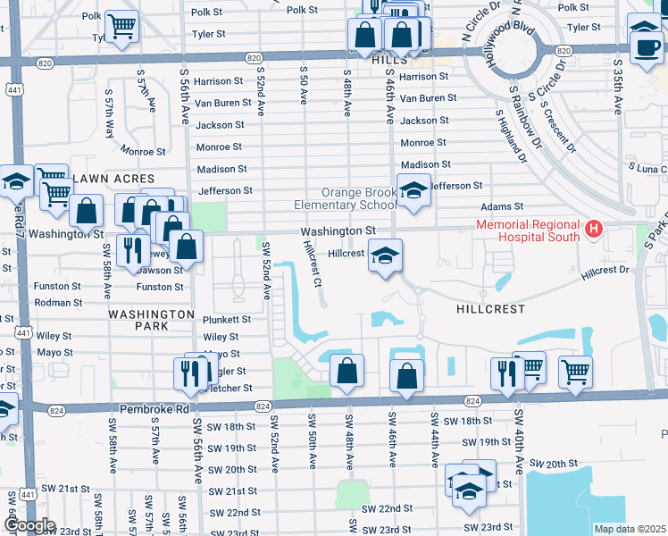 map of restaurants, bars, coffee shops, grocery stores, and more near 981 Hillcrest Court in Hollywood