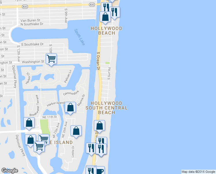 map of restaurants, bars, coffee shops, grocery stores, and more near 1801 South Surf Road in Hollywood