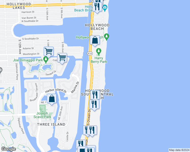 map of restaurants, bars, coffee shops, grocery stores, and more near 12 Greenbriar Terrace in Hollywood