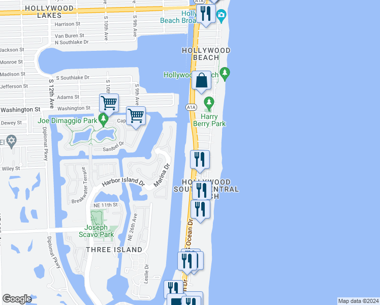 map of restaurants, bars, coffee shops, grocery stores, and more near 12 Greenbriar Terrace in Hollywood