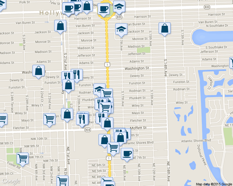 map of restaurants, bars, coffee shops, grocery stores, and more near 1738 Rodman Street in Hollywood
