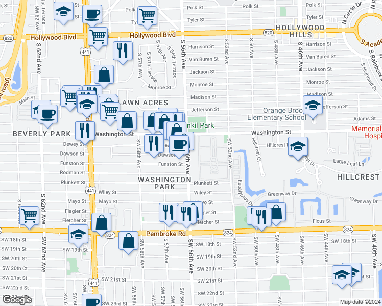 map of restaurants, bars, coffee shops, grocery stores, and more near 1050 Southwest 56th Avenue in Hollywood