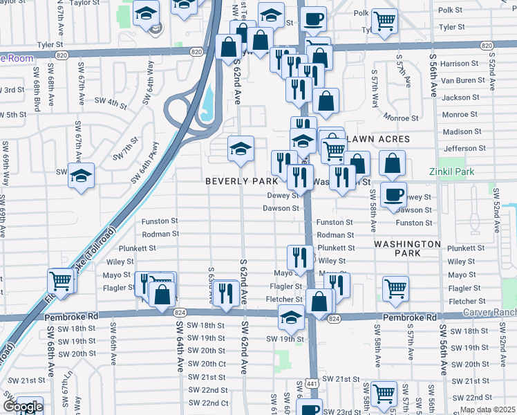 map of restaurants, bars, coffee shops, grocery stores, and more near 6140 Dawson Street in Hollywood
