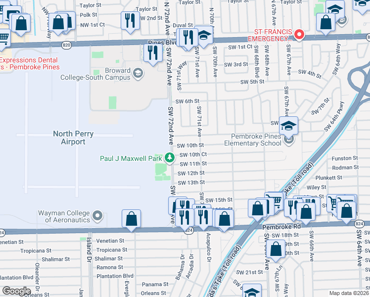 map of restaurants, bars, coffee shops, grocery stores, and more near 7161 Southwest 10th Court in Pembroke Pines