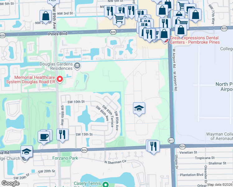 map of restaurants, bars, coffee shops, grocery stores, and more near 8341 Southwest 12th Street in Pembroke Pines