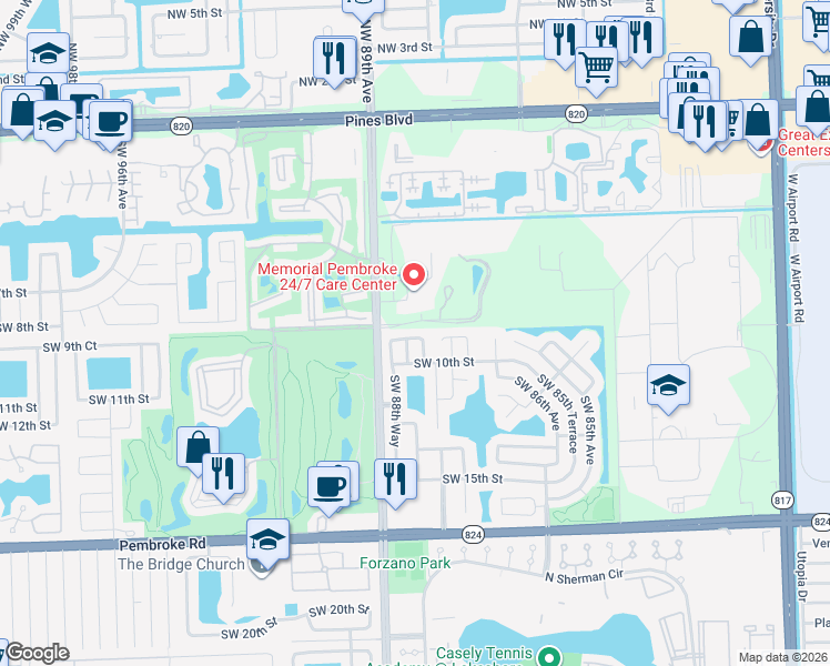 map of restaurants, bars, coffee shops, grocery stores, and more near 920 Southwest 88th Avenue in Pembroke Pines