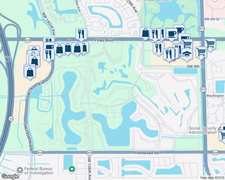 map of restaurants, bars, coffee shops, grocery stores, and more near 850 Southwest 133rd Terrace in Pembroke Pines