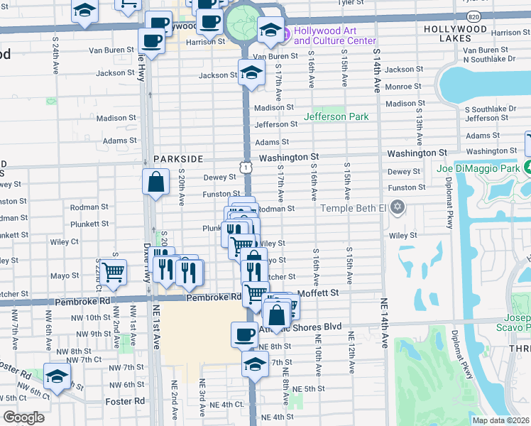 map of restaurants, bars, coffee shops, grocery stores, and more near 1738 Rodman Street in Hollywood