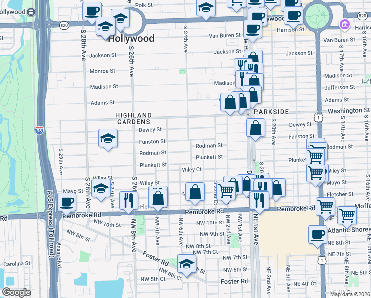 map of restaurants, bars, coffee shops, grocery stores, and more near 2402 Rodman Street in Hollywood
