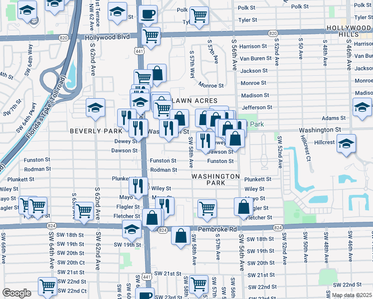 map of restaurants, bars, coffee shops, grocery stores, and more near 5802 Dawson Street in Hollywood
