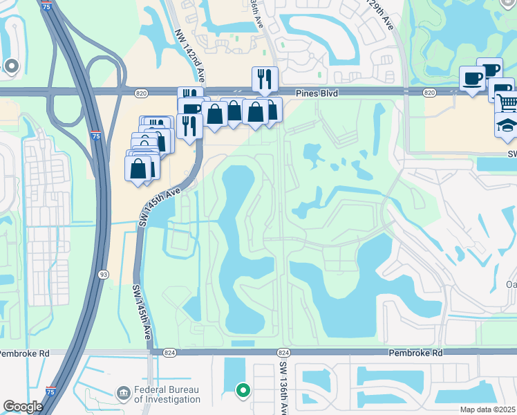 map of restaurants, bars, coffee shops, grocery stores, and more near 801 Southwest 138th Avenue in Pembroke Pines