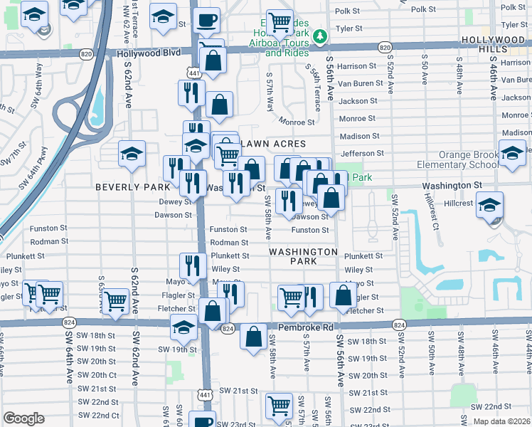map of restaurants, bars, coffee shops, grocery stores, and more near 5802 Dawson Street in Hollywood