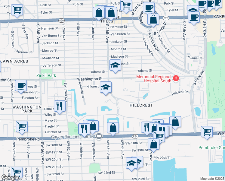 map of restaurants, bars, coffee shops, grocery stores, and more near 1001 Hillcrest Drive in Hollywood